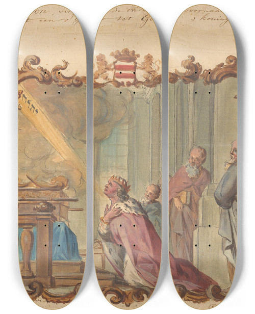Triptych art skateboard deck of Rienk Keyert Koning Salomo In Gebed Tot God Kon I Vs 8 by Rienk Keyert (1709-1775)
