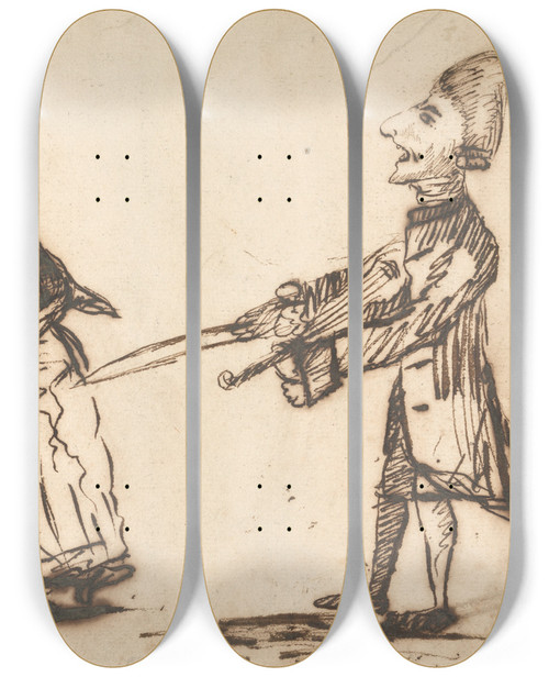 Triptych art skateboard deck of George Moutard Woodward Woman And Man With Sword by George Moutard Woodward (1765-1809)