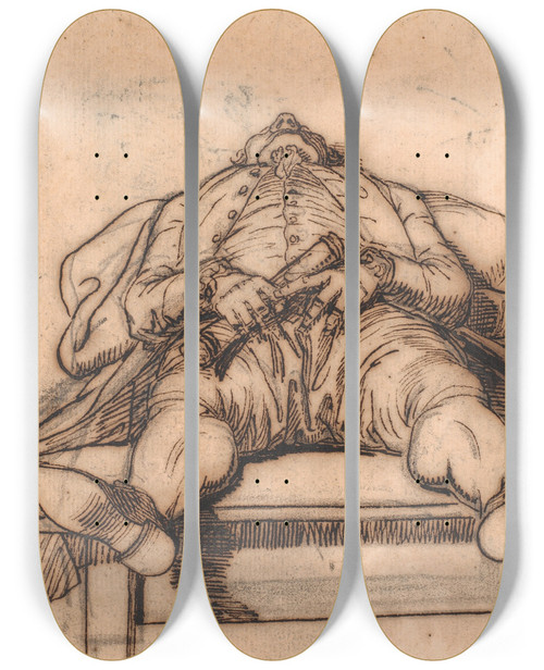Triptych art skateboard deck of Jens Juel Kobberstikkeren Flbradt Sovende P Et Bord Set Fra Skoene Og I Strk Forkortning by Jens Juel (1745-1802)