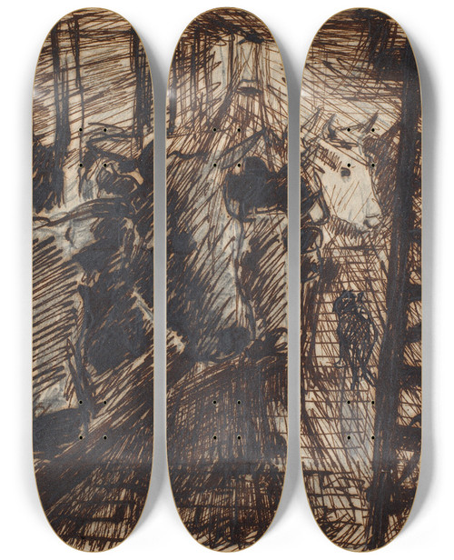 Triptych art skateboard deck of Theodor Philipsen Aften I Kostalden by Theodor Philipsen (1840-1920)