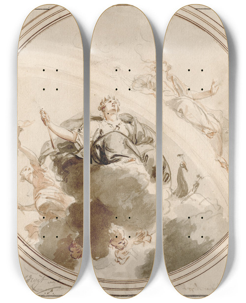 Triptych art skateboard deck of Jacob De Wit Design For A Ceiling Decoration Figuring Juno by Jacob de Wit (1695-1754)
