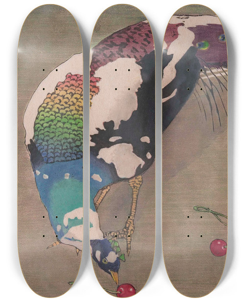 Triptych art skateboard deck of Carl Moser Weigefleckter Pfau by Carl Moser (1873-1939)