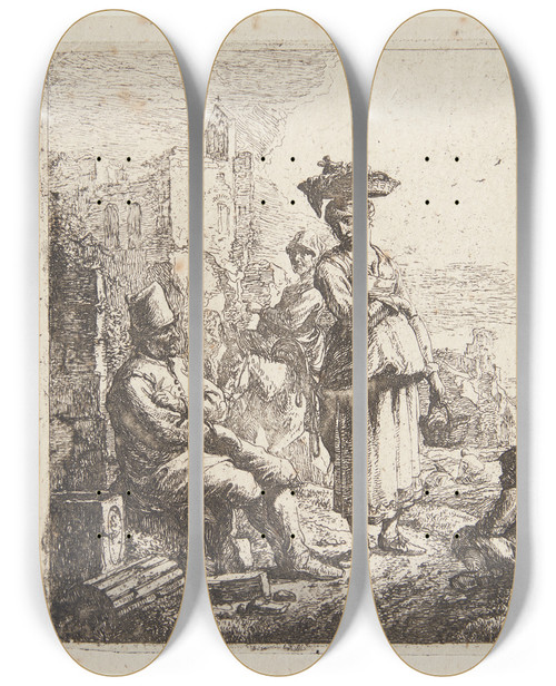 Triptych art skateboard deck of Thomas Wijck En Kvinde Med Kurv P Hovedet by Thomas Wijck (1616-1677)