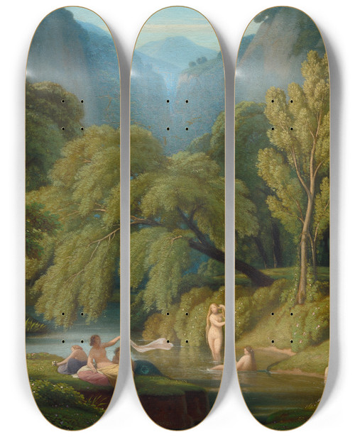 Triptych art skateboard deck of Thodore Caruelle Daligny The Bathers Souvenir Of The Banks Of The Anio River At Tivoli_1 by Thodore Caruelle d'Aligny (1798-1871)