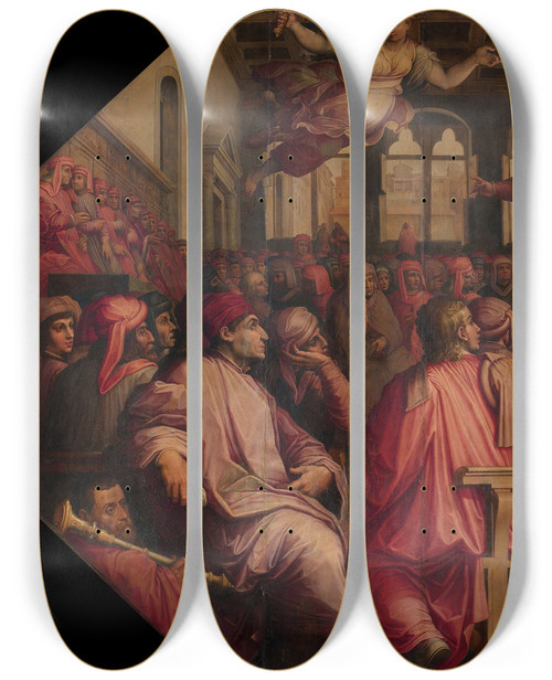 Triptych art skateboard deck of Giorgio Vasari Speech By Antonio Giacomini For The War Against Pisa In The Sala Dei Duecento by Giorgio Vasari (1511-1574)