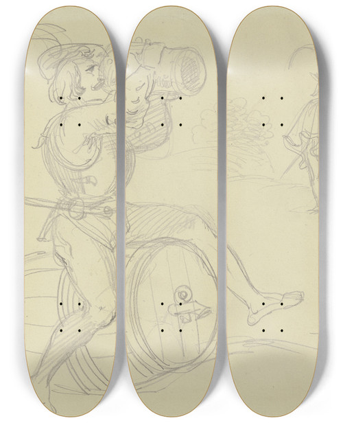 Triptych art skateboard deck of Ludwig Michael Schwanthaler Trinkender Ritter Rittlings Auf Einem Fass Sitzend by Ludwig Michael Schwanthaler (1802-1848)