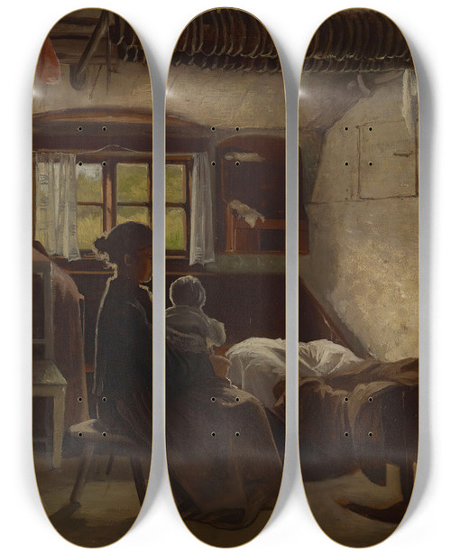 Triptych art skateboard deck of Albert Edelfelt Interior View Of A Uusimaa Living Room_1 by Albert Edelfelt (1854-1905)