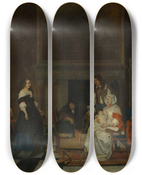 Triptych art skateboard deck of Gabriel Metsu The Visit To The Nursery by Gabriel Metsu (1629-1667)