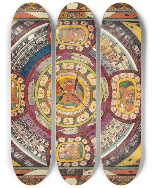 Triptych art skateboard deck of Adolf Wlfli In Fnf Variattiohnen Meine Wenigkeit Den Affrikareisenden Skt Adolf Ii Wlfli by Adolf Wolfli (1864-1930)
