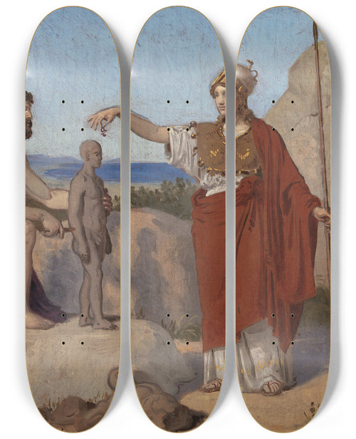 Triptych art skateboard deck of Constantin Hansen Prometheus Moulding Man From Clay by Constantin Hansen (1804-1880)