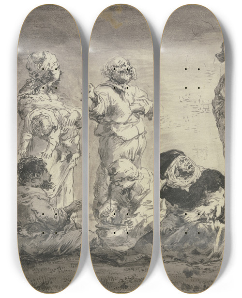 Triptych art skateboard deck of Leonaert Bramer Sechs Bettler Und Bettlerinnen Um Einen Topf Mit Essen by Leonaert Bramer (1596-1674)