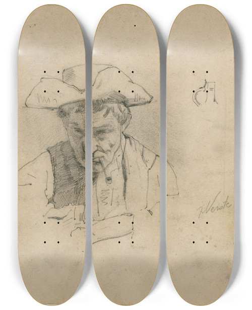 Triptych art skateboard deck of Floris Verster Smoking Man With A Pipe by Floris Verster (1861-1927)