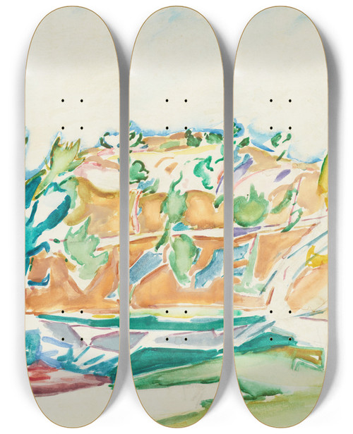 Triptych art skateboard deck of Owen Merton Bastion Of The Day With Assaulting Trees by Owen Merton (1887-1931)
