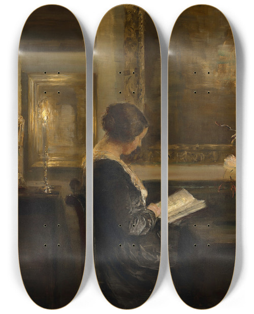 Triptych art skateboard deck of Carl Holse Reading By Candlelight by Carl Holsoe (1863-1935)