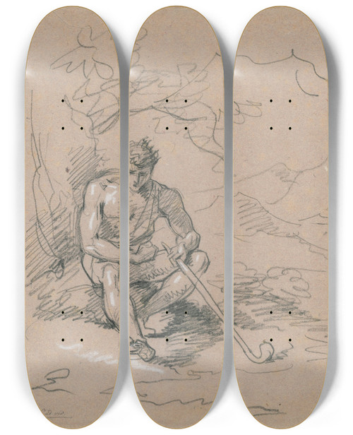 Triptych art skateboard deck of David Humbert De Superville Zittende Jongeling Met Staf In Arcadisch Berglandschap by David Humbert De Superville (1770-1849)