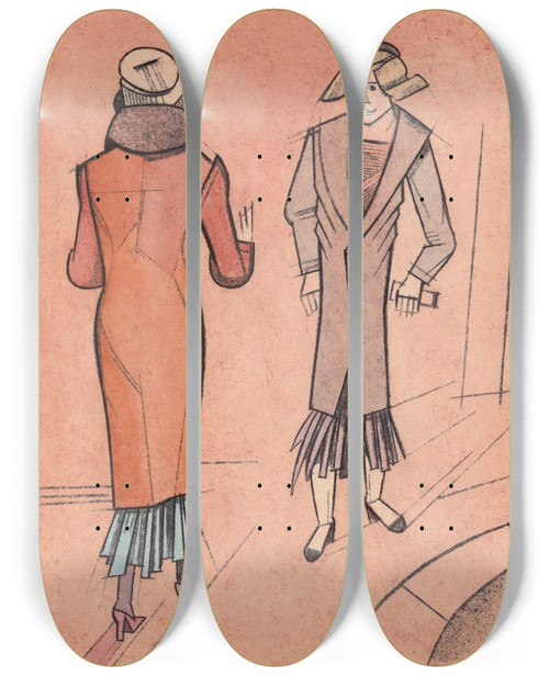 Triptych art skateboard deck of Karl Wiener Ohne Titel Zwei Frauen Ii by Karl Wiener (1901-1949)