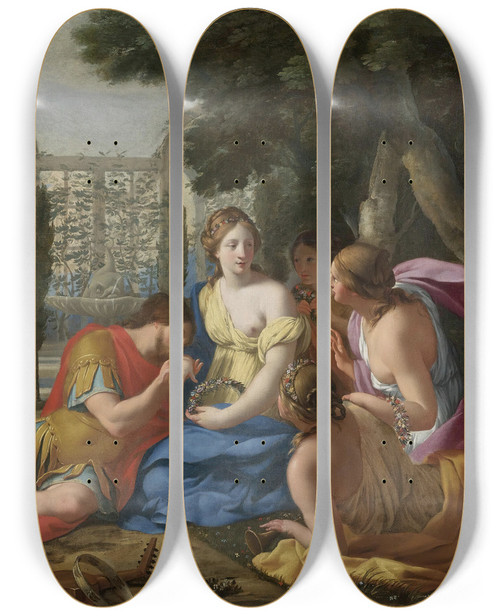 Triptych art skateboard deck of Eustache Le Sueur Polyphilusand Poliaaccompaniedbynymphs On Island Of Cythera by Eustache Le Sueur (1616-1655)