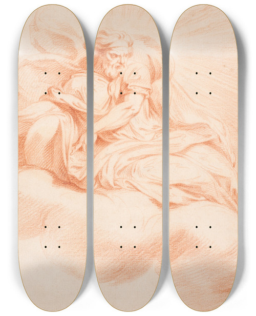 Triptych art skateboard deck of Hendrik Krock Gudfader Svvende P En Sky by Hendrik Krock (1671-1738)