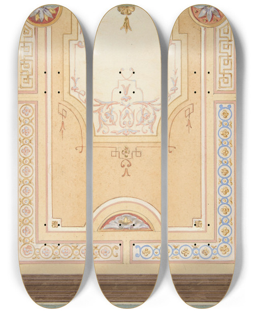 Triptych art skateboard deck of Julesedmondcharles Lachaise Design For The Painted Decoration Of A Ceiling In With Strapwork And Rinceaux by Jules-Edmond-Charles Lachaise (1897)