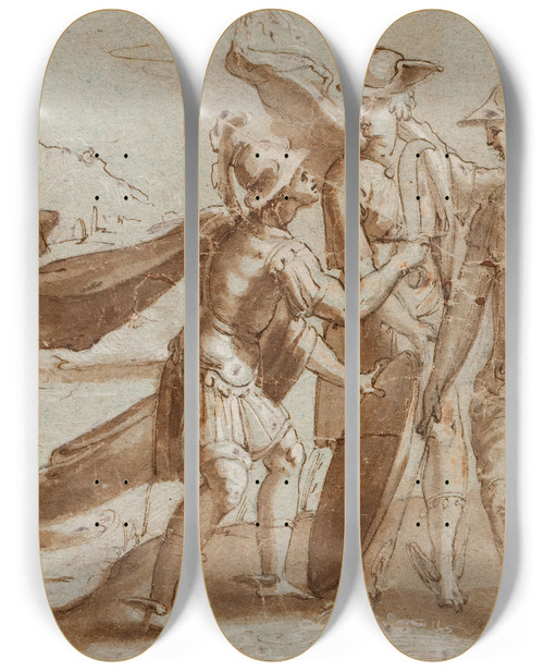 Triptych art skateboard deck of Domenico Cresti Mars Mercury And Minerva by Domenico Cresti (1559-1638)