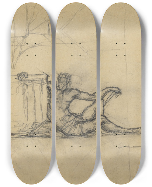 Triptych art skateboard deck of Charles Meryon Seated Male Figure For San Francisco by Charles Meryon (1821-1868)