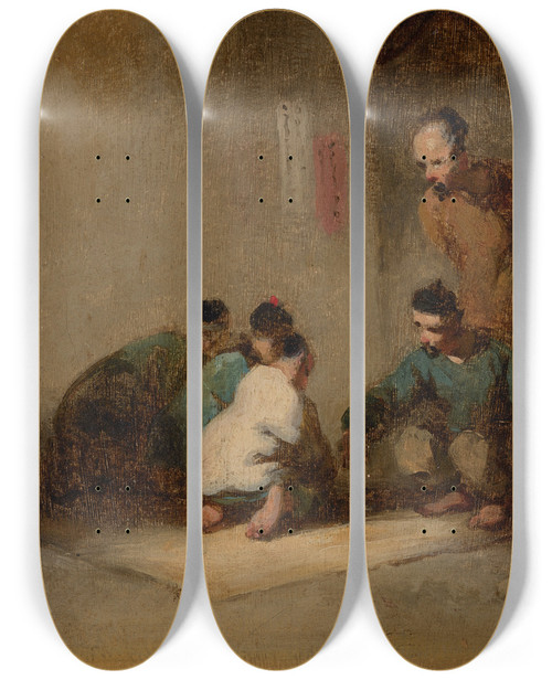 Triptych art skateboard deck of George Chinnery A Street Scene In Macau With Five Men Gambling by George Chinnery (1774-1852)