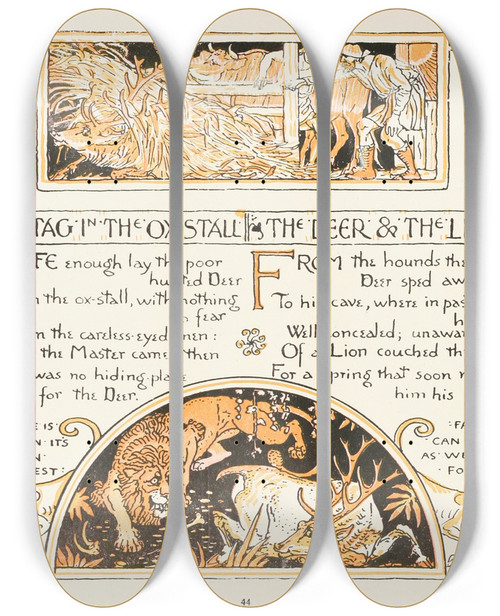 Triptych art skateboard deck of Walter Crane The Stag In The Oxstall The Deer And The Lion by Walter Crane (1845-1915)