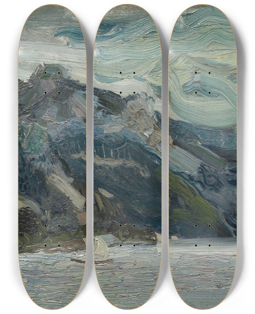 Triptych art skateboard deck of Richard Gerstl Lake Traun With Mountain Sleeping Greek Woman by Richard Gerstl (1883-1908)