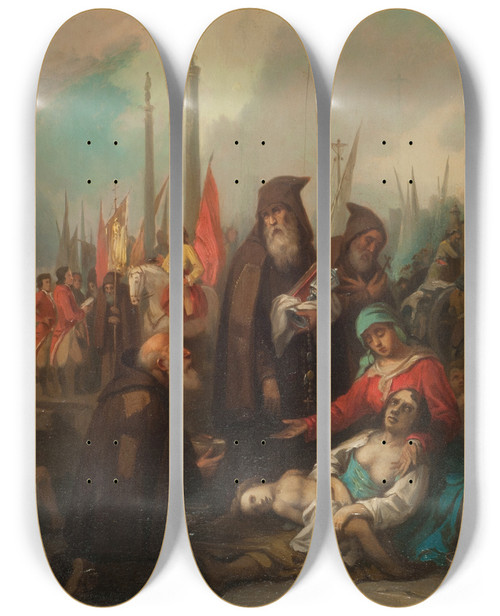 Triptych art skateboard deck of Federico De Madrazo Y Kuntz Cuadro Histrico Auxilio A Unos Apestados by Federico De Madrazo Y Kuntz (1815-1894)