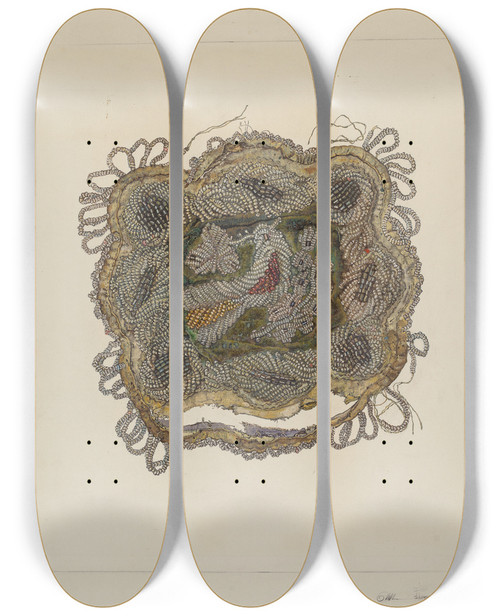 Triptych art skateboard deck of Florence Truelson Beaded Cushion by Florence Truelson