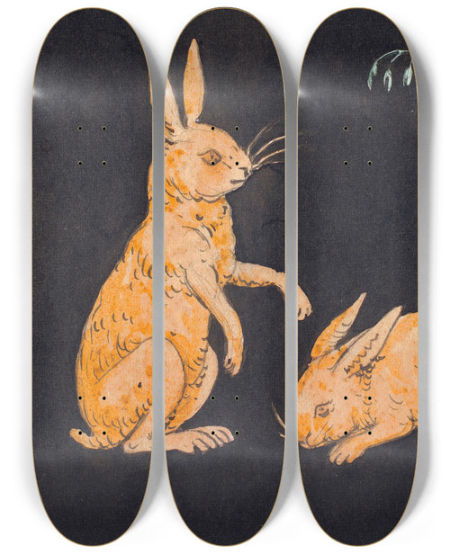 Triptych art skateboard deck of P C Skovgaard To Harer Kaniner P Sort Baggrund Dekorativt Udkast by P C Skovgaard (1817-1875)