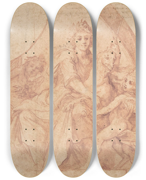 Triptych art skateboard deck of Baldassarre Franceschini Allegorical Figure Of Purity With A Unicorn And Two Putti by Baldassarre Franceschini (1611-1689)