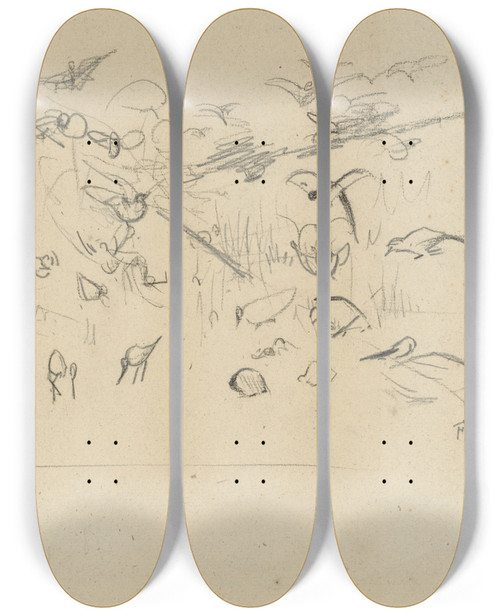 Triptych art skateboard deck of Theo Van Hoytema Schets Voor Illustratie In Hoe De Vogels Aan Een Koning Kwamen by Theo Van Hoytema (1863-1917)
