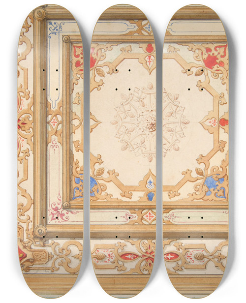 Triptych art skateboard deck of Julesedmondcharles Lachaise Partial Design For A Ceiling Painted In Strapwork And Pine Cone Motifs by Jules-Edmond-Charles Lachaise (1897)