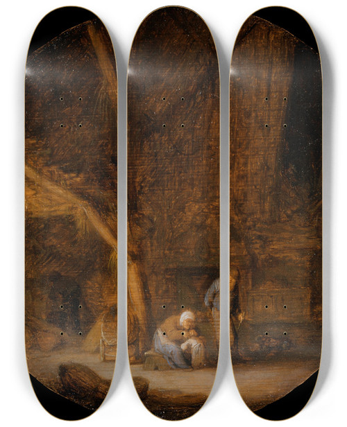 Triptych art skateboard deck of Adriaen Van Ostade Interior With A Peasant Family by Adriaen Van Ostade (1610-1684)