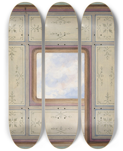Triptych art skateboard deck of Julesedmondcharles Lachaise Design For The Decoration Of A Ceiling With A Central Panel Of Painted Clouds by Jules-Edmond-Charles Lachaise (1897)