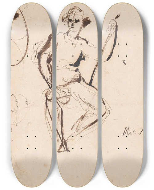 Triptych art skateboard deck of Sir Joshua Reynolds Seated Man_1 by Sir Joshua Reynolds (1723-1792)