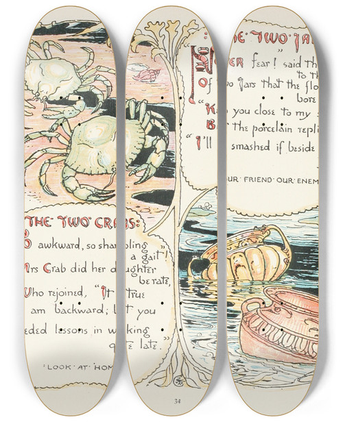 Triptych art skateboard deck of Walter Crane The Two Jars The Two Crabs by Walter Crane (1845-1915)