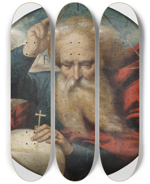 Triptych art skateboard deck of Benvenuto Tisi God Blessing The Earth by Benvenuto Tisi (1481-1559)