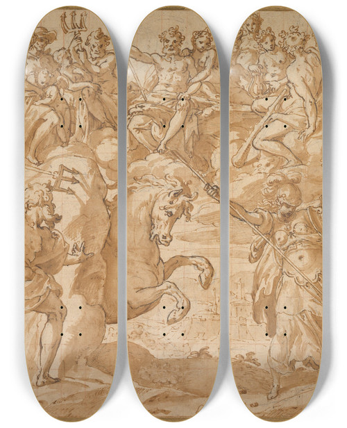Triptych art skateboard deck of Cesare Nebbia The Contest Between Athena And Poseidon For The Possession Of Athens by Cesare Nebbia (1536-1622)