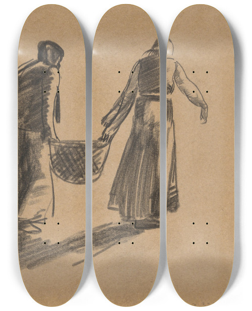 Triptych art skateboard deck of George Wesley Bellows Woman With Basket And Cover Sheet With Printinginstructions by George Wesley Bellows (1882-1925)