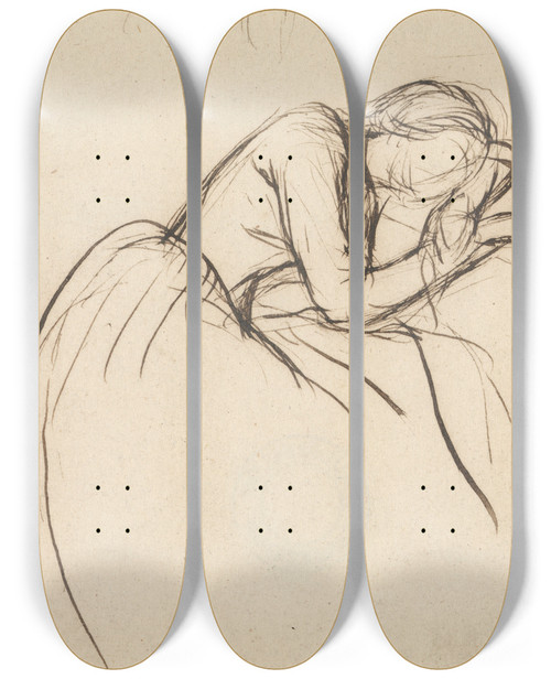 Triptych art skateboard deck of Sir John Everett Millais A Woman Bowed In Grief_1 by Sir John Everett Millais (1829-1896)