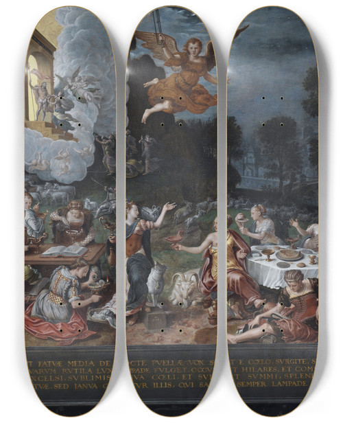 Triptych art skateboard deck of Hans Eworth An Allegory Of The Wise And The Foolish Virgins by Hans Eworth (1540-1574)