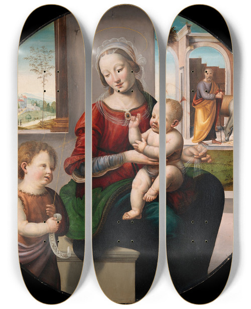 Triptych art skateboard deck of Fra Bartolommeo The Holy Family With Saint John The Baptist by Fra Bartolommeo