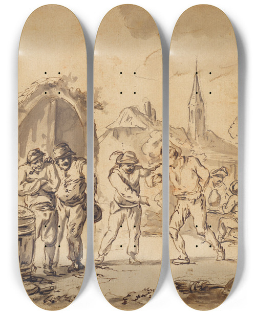 Triptych art skateboard deck of Haarlem School A Peasant Scene by Haarlem School
