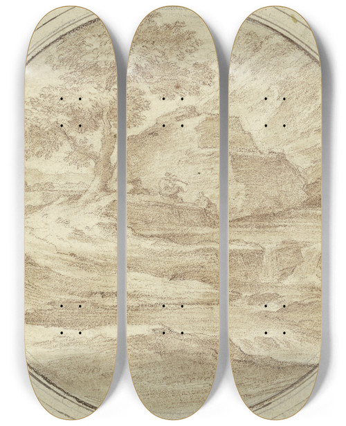 Triptych art skateboard deck of Ferdinand Olivier Baum Mit Einem Felsen Unter Welchem Ein Hirte Sitzt by Ferdinand Olivier