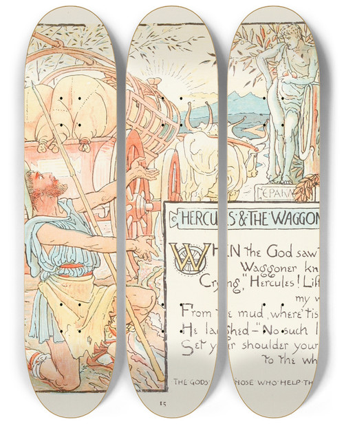 Triptych art skateboard deck of Walter Crane Hercules And The Waggoner by Walter Crane (1845-1915)