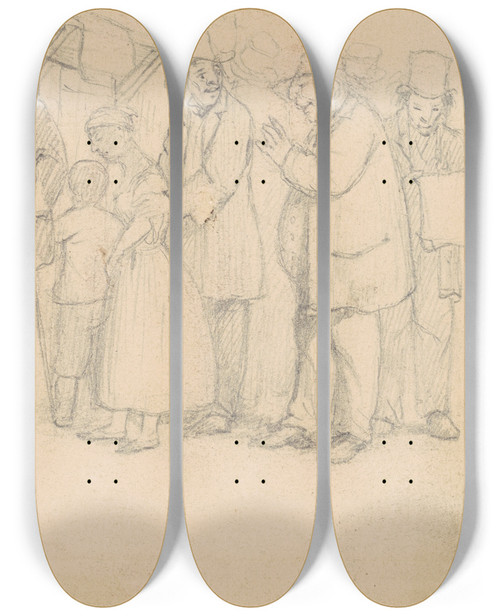 Triptych art skateboard deck of David Claypoole Johnston Study For The House That Jeff Built by David Claypoole Johnston
