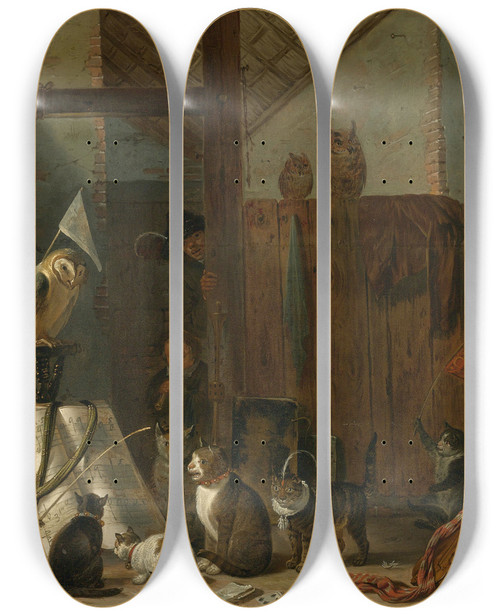 Triptych art skateboard deck of Cornelis Saftleven A Concert Of Cats Owls A Magpie And A Monkey In A Barn by Cornelis Saftleven (1607-1681)