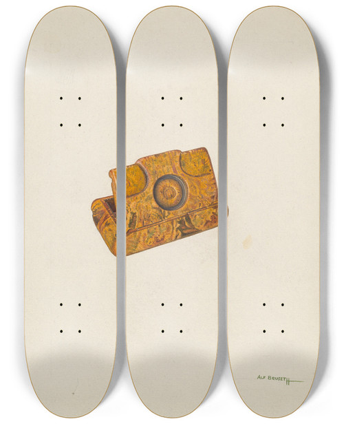 Triptych art skateboard deck of Alf Bruseth Snuff Box by Alf Bruseth